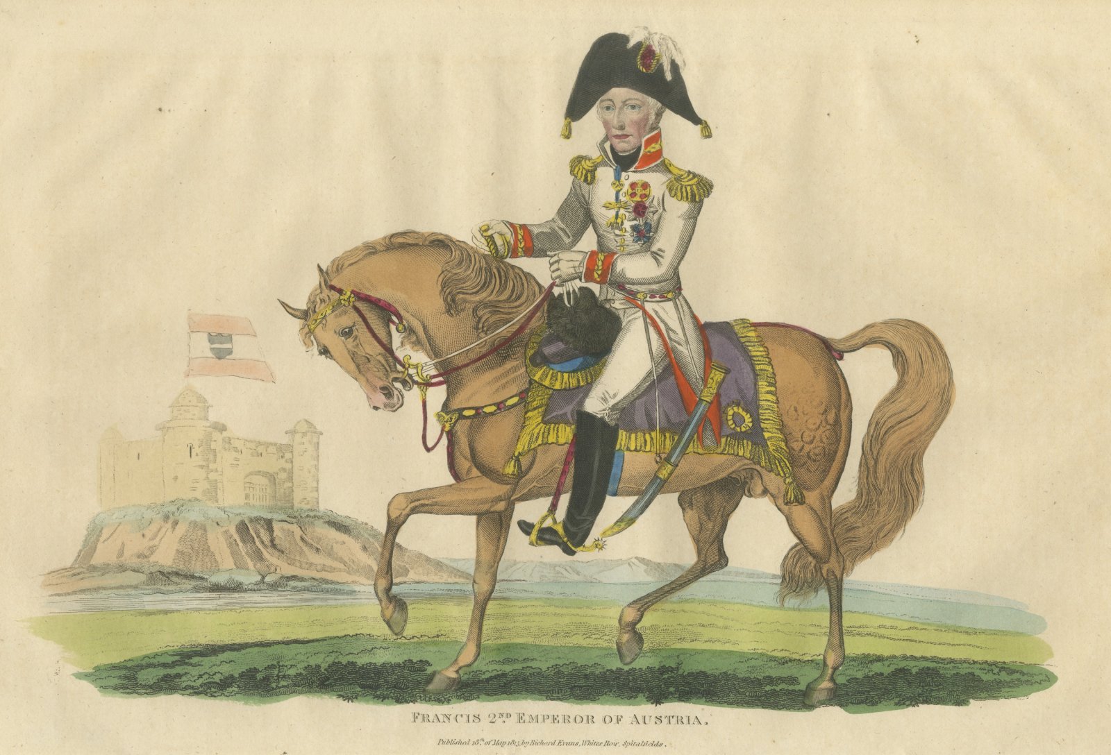Emperor Francis II of Austria Riding Before a Hilltop Castle, Hand Colored, 1815