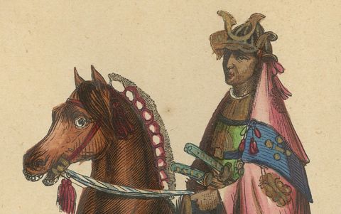 Japanese Cavalryman and General from 1844 in Wahlen's Historical Lithograph, close-up 2