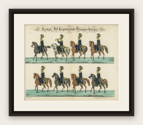 Royal Swedish Dragoon Corps, Cavalry Uniforms, Stockholm, c.1800, shown framed