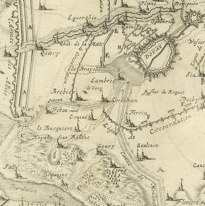 Detailed 1720s Map, Siege of Douay and Lines of Circumvallation, France, close-up 3