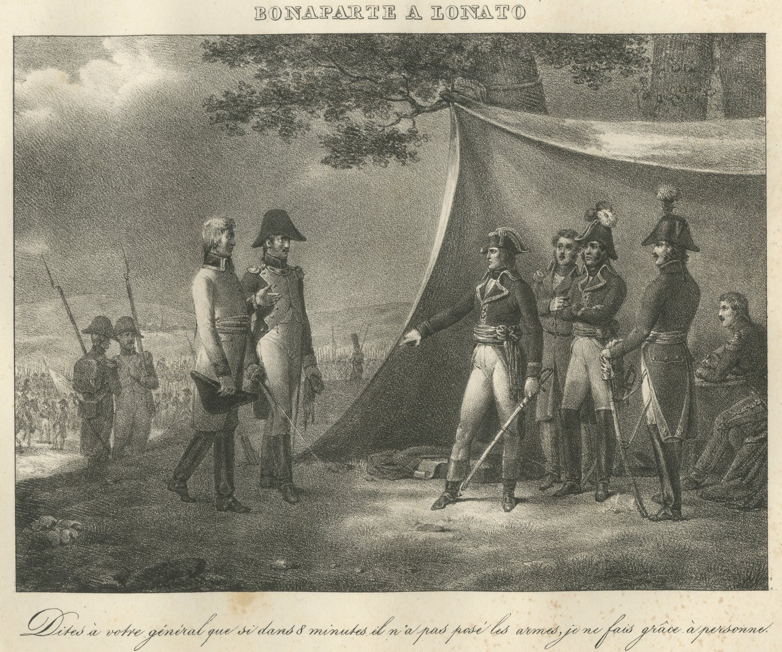 Bonaparte at Lonato, Eight Minutes, Antique Madou Lithograph, 1827