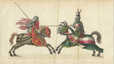 19th-Century Hand-Coloured Lithograph of a Knightly Joust in Bold Red and Green, view 2