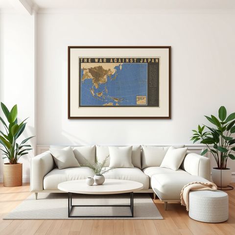 Original Vintage WWII Pacific Theater Map “The War Against Japan” Poster, 1944, shown framed in a room