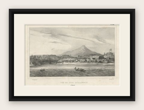 Antique Print of a Dutch Fortress in Manado Bay, Sulawesi, Indonesia, 1833, shown framed