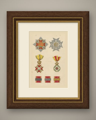 Orders of Baden, Order of Fidelity Insignia, Plate VII, Wood Engraving, 1844, shown framed