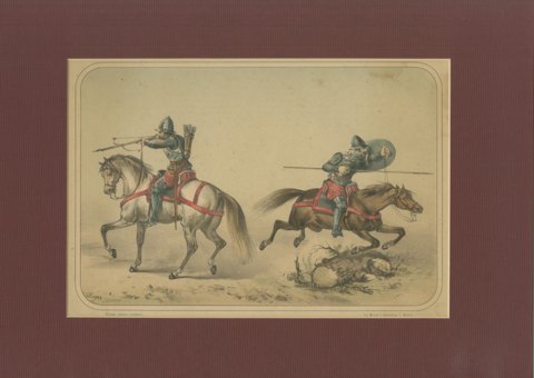 Spanish Mounted Crossbowman and Lancer by Villegas, Clonard Album, 1861, view 2