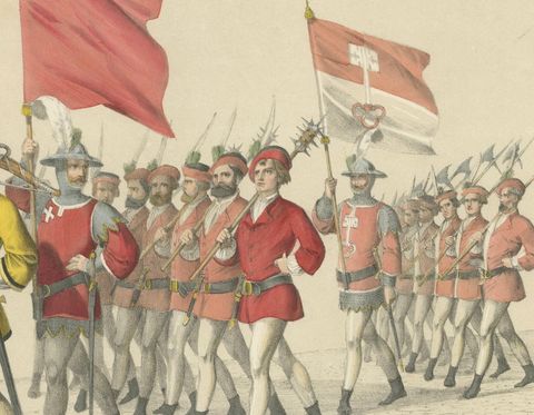 1855 Hand-Colored Lithograph of Swiss Cantonal Troops, Uri, Schwyz, Unterwalden, close-up 1