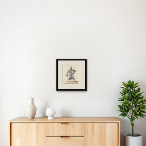 Antique Print 1845, Medieval Knight in Chainmail, Sword and Helmet, shown framed on a wall