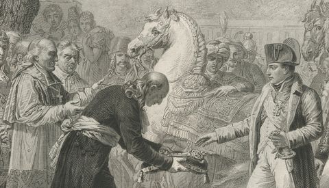 Napoleon Receives the Keys of Vienna, Antique French Engraving, circa 1840, close-up 2