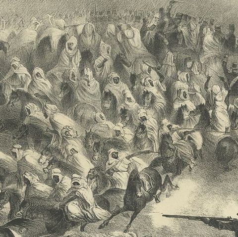 Old Print of Chasseurs d'Afrique Charging the Arabs in Algeria, ca.1840, close-up 2