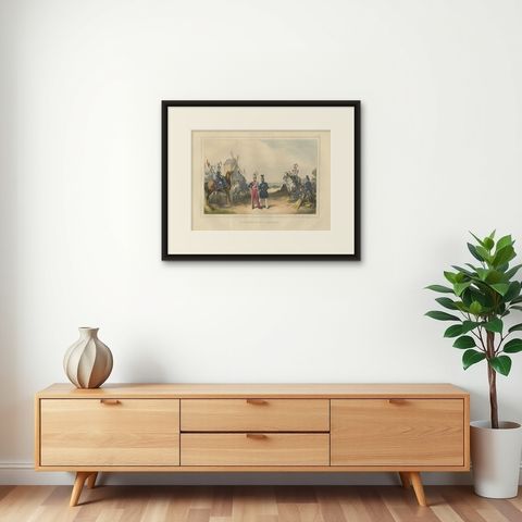Rare Hand-Colored Print of a Belgium Army Regiment Near a Windmill, 1833, shown framed on a wall
