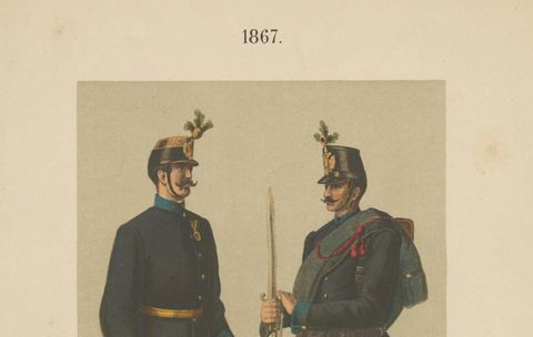 Austrian Officer & Infantryman, Hoch- und Deutschmeister Regiment 1867 Litho, close-up 2