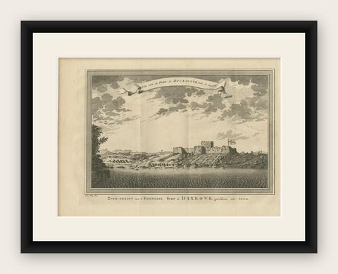 Antique Print of the English Fort at Dixcove in Ghana, 1748, shown framed