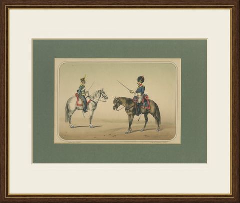 Spanish Cavalry Lithograph by José Villegas: Officers with Sabres, 1861, shown framed