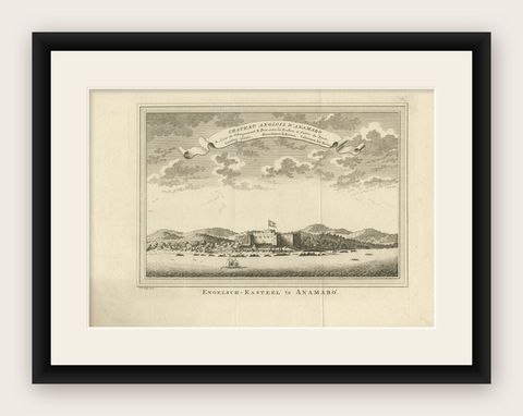 Antique Print of the Fort William at Anomabu, Central Region, Ghana, 1748, shown framed