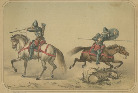 Spanish Mounted Crossbowman and Lancer by Villegas, Clonard Album, 1861