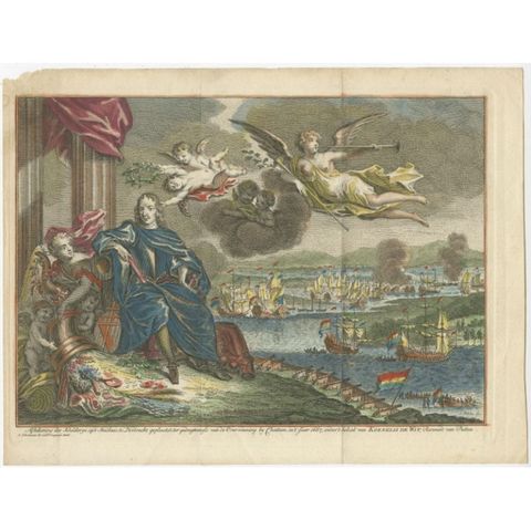 Old Engraving of the Battle of Chatham or Raid on Medway on the Thames, England, view 2