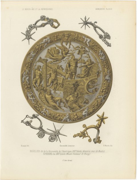 Shield of the Discovery of America, Madrid Armory, Antique Print, 1851, view 2