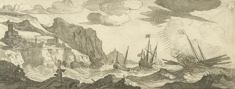 Stormy Scene in the Aegean Archipelago with Coastal Fortifications, circa 1680, close-up 1