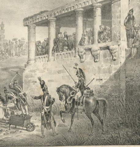 Cutting the Dyke of the Nile, Cairo, Antique Madou Lithograph, 1827, close-up 2