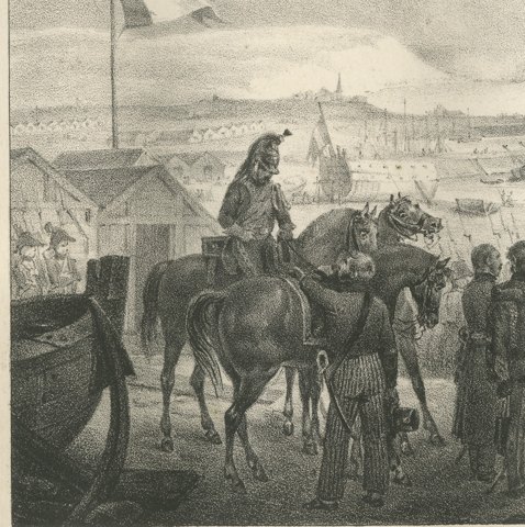 The Camp of Boulogne, the Invasion Flotilla, Antique Madou Lithograph, 1827, close-up 1