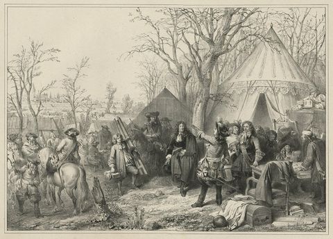 Antique Print of A. Vandermeulen at the Siege of Valenciennes by Madou, 1842, close-up 1