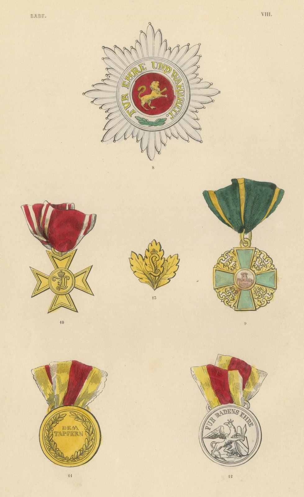 Orders of Baden, Zähringer Lion and Medals, Plate VIII, Wood Engraving, 1844
