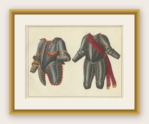 19th-Century Hand-Coloured Lithograph of Ornate Parade and Tournament Armor, shown framed