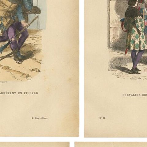 Set of Four Antique French Medieval Military Costume Prints, circa 1860, close-up 2