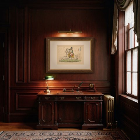 Napoleon Bonaparte on a White Charger Before the Tricolor Flag, 1815, shown framed in a room