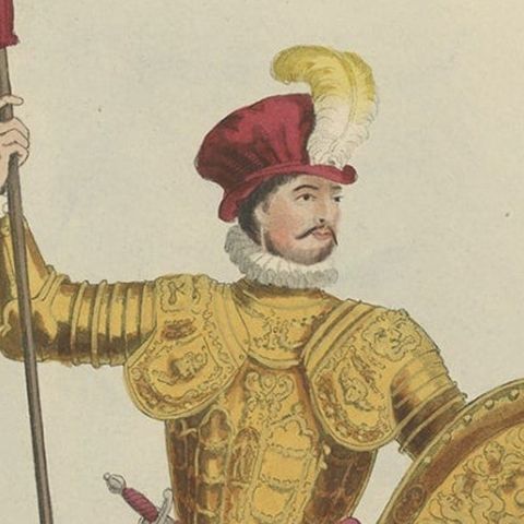 Nicely Hand-colored Antique Print of Embossed Armour, 1842, close-up 3