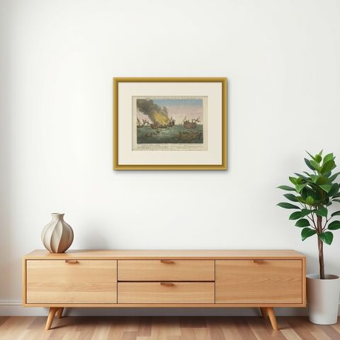 Rare Engraving of a Famous Battle Near Ushant Between the French and British, shown framed on a wall