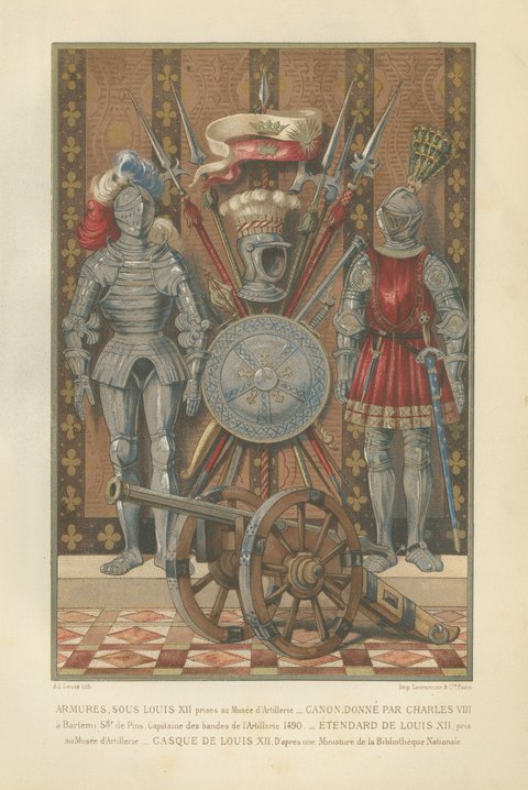 Renaissance Medals and Armor, Pair of Antique French Chromolithographs, 1882, view 3