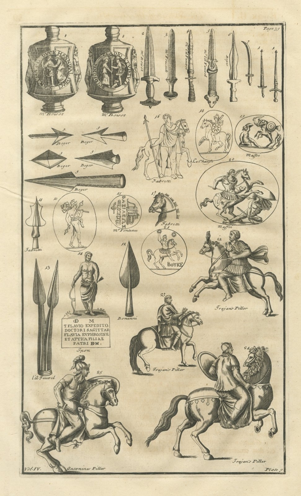 Roman Swords, Spearheads and Cavalry from Trajan's Column, Montfaucon, 1722