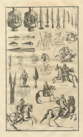Roman Swords, Spearheads and Cavalry from Trajan's Column, Montfaucon, 1722