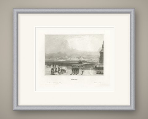 Messina in Sicily, Antique Harbor View with Soldiers, Engraving, circa 1850, shown framed