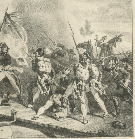 The Bridge of Arcole, the Flag of Lodi, Antique Madou Lithograph, 1827, close-up 2