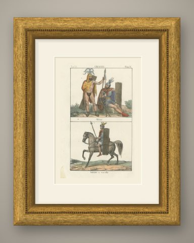 Ancient Germanic Militia and a Mounted Soldier, Hand Colored Lithograph, 1842, shown framed