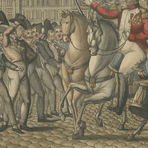 Napoleon Reviewing the Fédérés, Paris Tuileries Scene, French Engraving, 1815, close-up 3