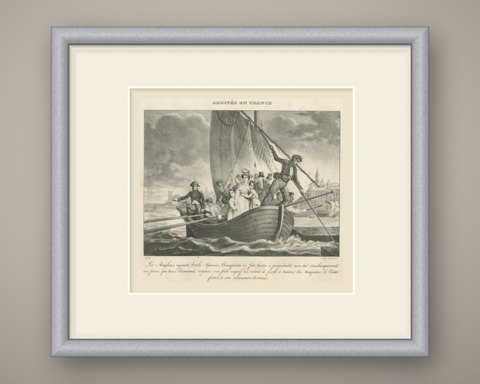 Arrival in France, the Bonapartes Flee Ajaccio, Antique Madou Lithograph, 1827, shown framed