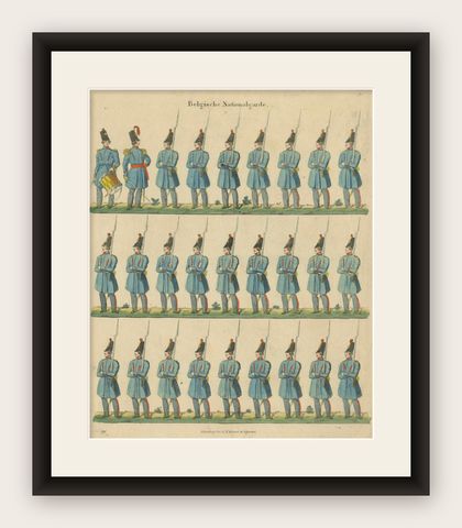 Antique Print of Belgian National Guard, Infantry Drill & Uniforms, c.1830–1840, shown framed