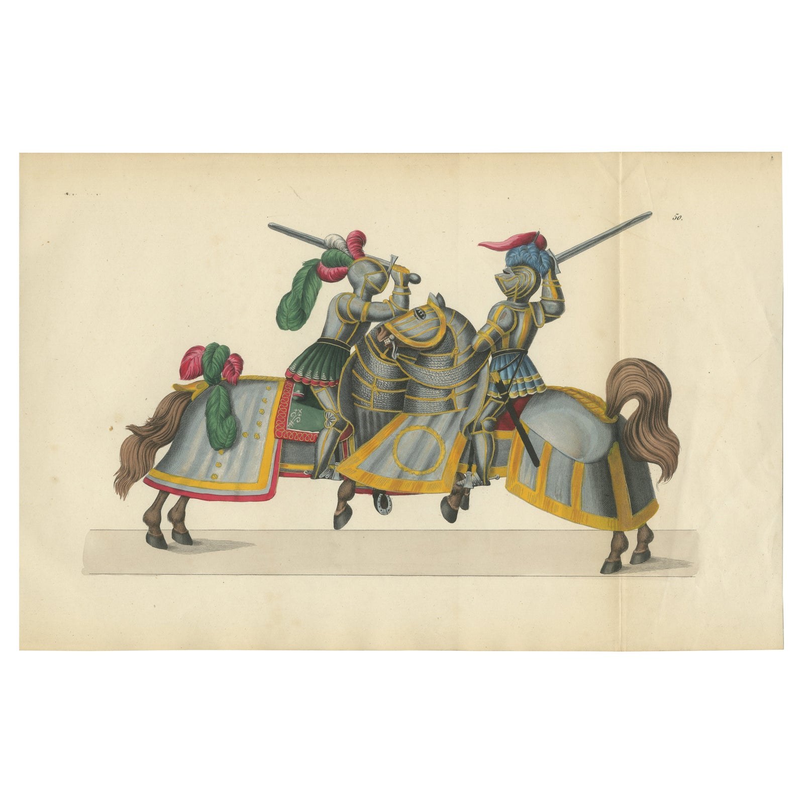 Hand-Coloured Print of Armoured Knights in Close-Combat Horseback Duel, 1842