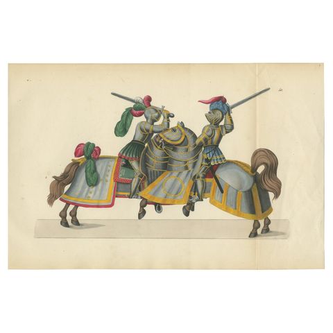 Hand-Coloured Print of Armoured Knights in Close-Combat Horseback Duel, 1842