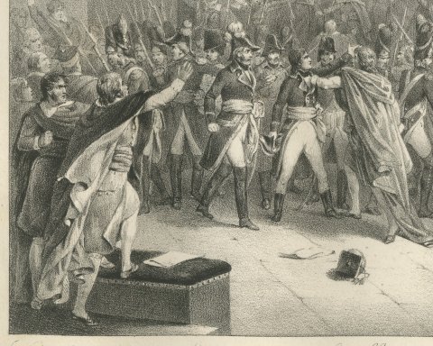 Bonaparte in the Council of Five Hundred, Antique Madou Lithograph, 1827, close-up 1