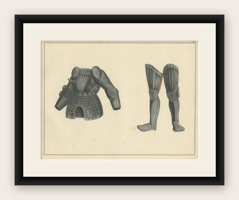 19th-Century Hand-Coloured Lithograph of Medieval Plate Armor Components, shown framed