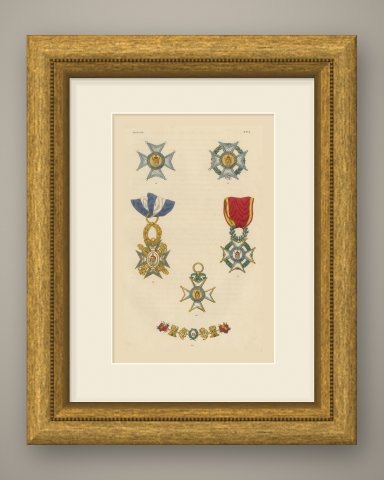 Orders of Spain, Al Mérito Militar Crosses and Collar, Plate XXVI, 1844, shown framed
