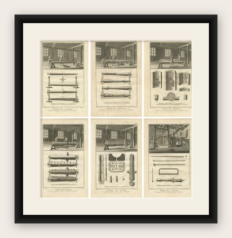 Rare Engravings Depicting the Intricate Process of Cannon Manufacturing, ca.1770, shown framed
