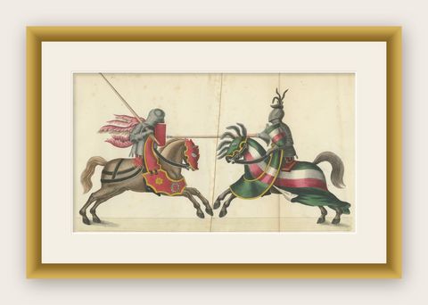 19th-Century Hand-Coloured Lithograph of a Knightly Joust in Bold Red and Green, shown framed
