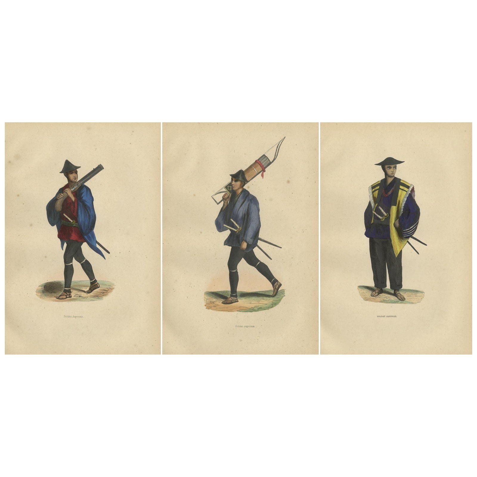 Japanese Soldiers Depicted in Hand-Colored Lithographs, Published in 1844