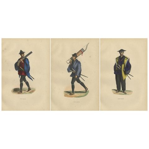 Japanese Soldiers Depicted in Hand-Colored Lithographs, Published in 1844